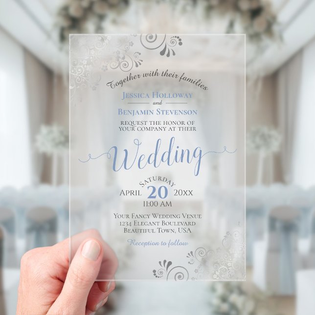 Elegant Dusty Blue & Silver Calligraphy Wedding Acrylic Invitations (Frosted Acrylic with Rectangle Cut)