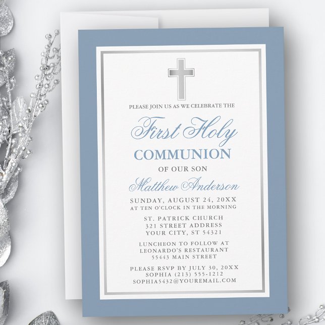 Elegant Dusty Blue Silver First Holy Communion Invitation (Customize to change text size, color or text style.)