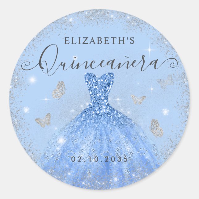 Elegant Dusty Blue Silver Glitter Gown Quinceañera Classic Round Sticker (Front)
