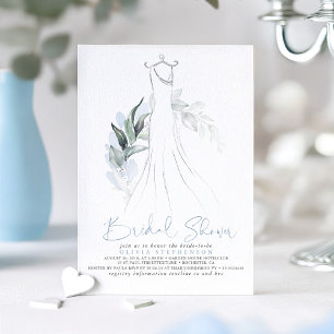 Elegant Dusty Blue Silver Greenery Bridal Shower Invitation