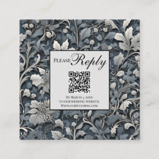 Elegant dusty blue silver  grey floral QR code Enclosure Card