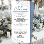 Elegant Dusty Blue Silver Swirls on White Wedding Menu<br><div class="desc">This beautiful menu will add some style to your wedding reception. It features a beautiful design with ornate silver grey faux foil curls and swirls on a classic white background, with dusty blue text and a marbled dusty blue back. There is space for the names of the couple and wedding...</div>