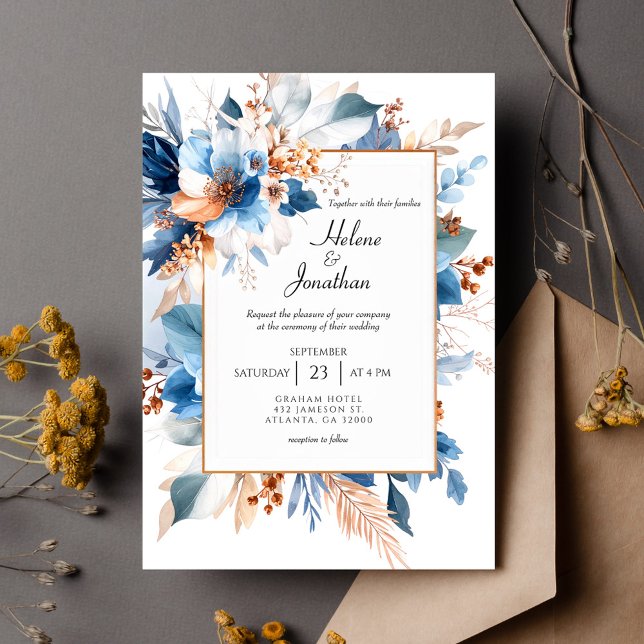 Elegant Dusty Blue Silver Terracotta Boho Wedding Invitation (Elegant Dusty Blue Silver Terracotta Boho Wedding Invitation)