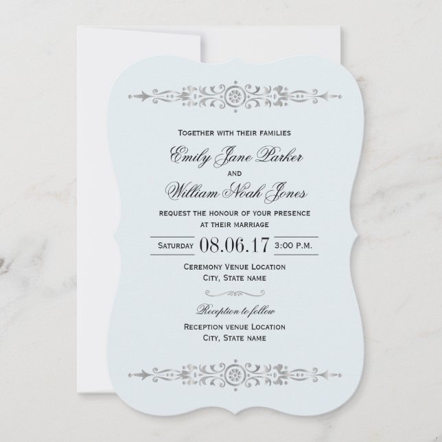 Elegant Dusty Blue Silver Wedding Invitation (Front)