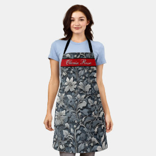Elegant dusty blue silver white grey floral apron