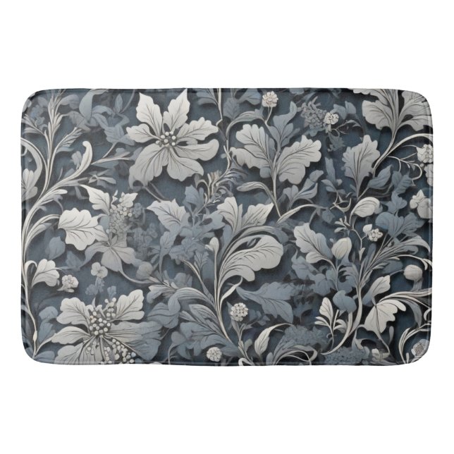 Elegant dusty blue silver white grey floral bath mat (Front)