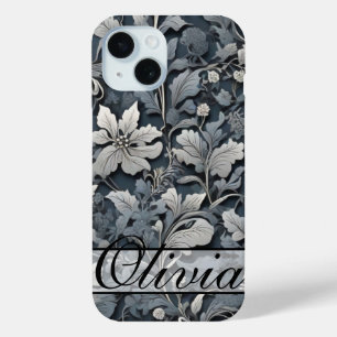 Elegant dusty blue silver white grey floral iPhone 15 case