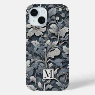 Elegant dusty blue silver white grey floral iPhone 15 case