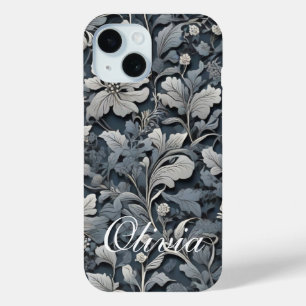 Elegant dusty blue silver white grey floral iPhone 15 case