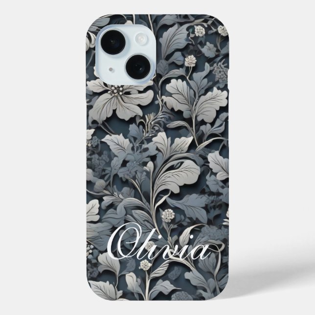 Elegant dusty blue silver white grey floral Case-Mate iPhone case (Back)