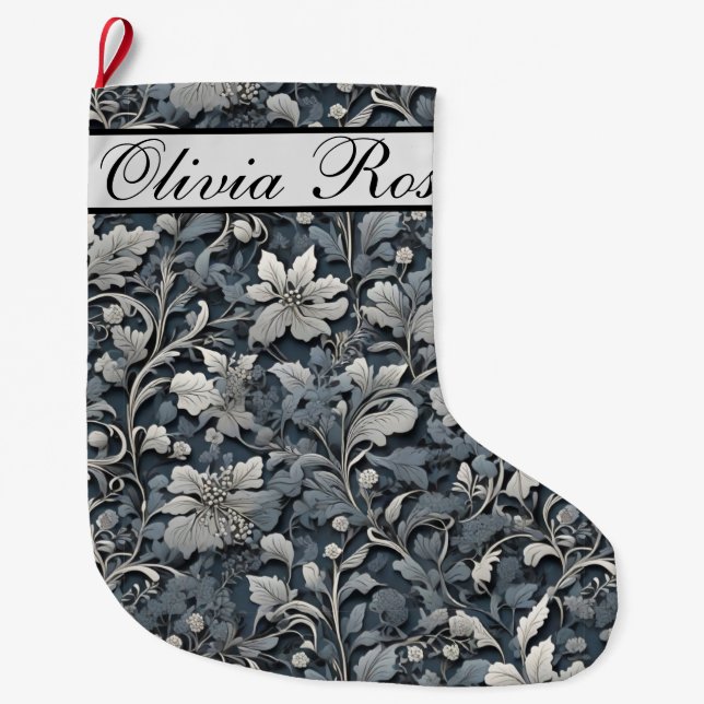 Elegant dusty blue silver white grey floral large christmas stocking (Front)