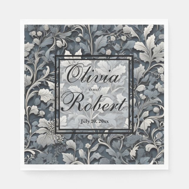 Elegant dusty blue silver white grey floral napkin (Front)