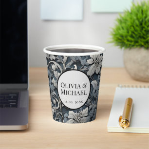 Elegant dusty blue silver white grey floral paper cups
