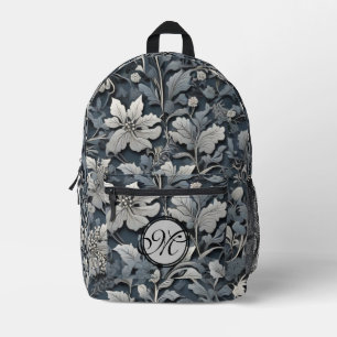 Elegant dusty blue silver white grey floral printed backpack