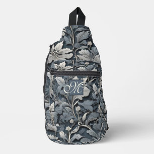 Elegant dusty blue silver white grey floral script sling bag