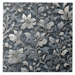 Elegant dusty blue silver white grey floral tile