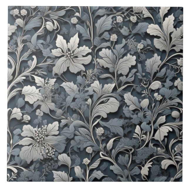 Elegant dusty blue silver white grey floral tile (Front)