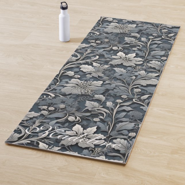Elegant dusty blue silver white grey floral yoga mat (In Situ)