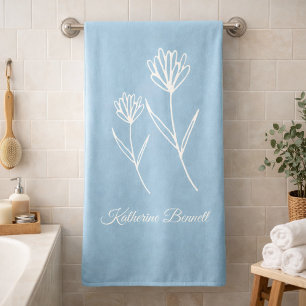 Elegant Dusty Blue Simple Flower Bath Towel Set