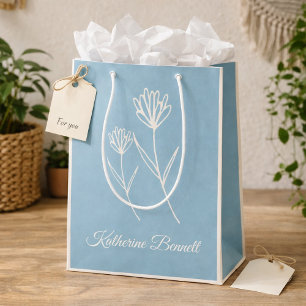 Elegant Dusty Blue Simple Flower  Medium Gift Bag