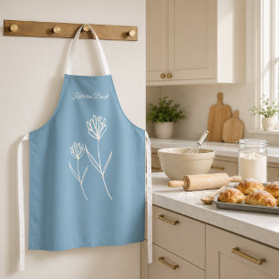 Elegant Dusty Blue Simple Flower Name Apron