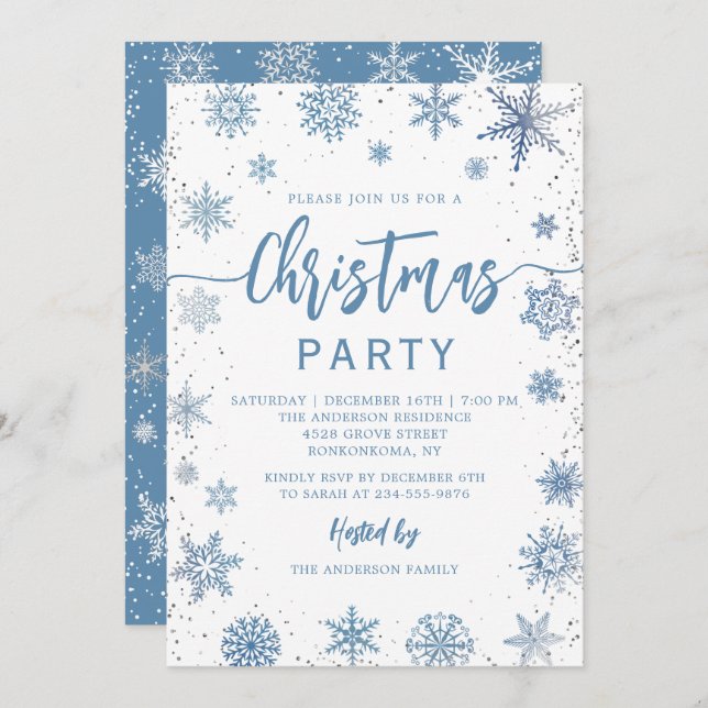 Elegant Dusty Blue Snowflakes Christmas Party Invitation (Front/Back)