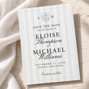 Elegant Dusty Blue Stripe Monogram Photo Wedding Save The Date