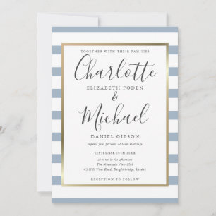 Elegant Dusty Blue Stripe Script Wedding Invitation