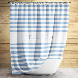 Elegant Dusty Blue Striped Pattern Name Shower Curtain