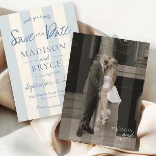 Elegant Dusty Blue Stripes Old Money Photo Wedding Save The Date