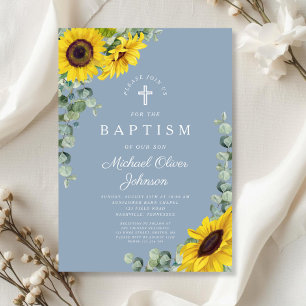 Elegant Dusty Blue Sunflower Cross Baptism Invitation