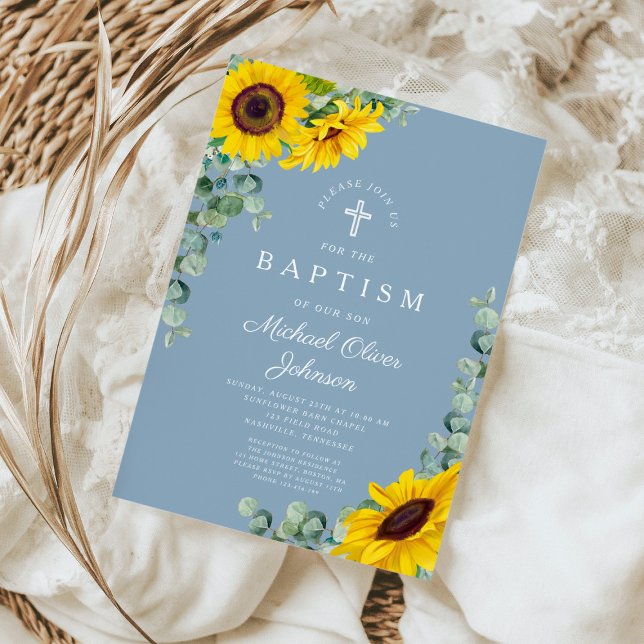 Elegant Dusty Blue Sunflower Cross Baptism Invitation (Elegant Dusty Blue Sunflower Cross Baptism Invitation)