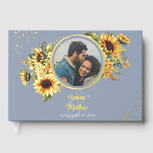 Elegant Dusty Blue Sunflower Photo Wedding Guest Book