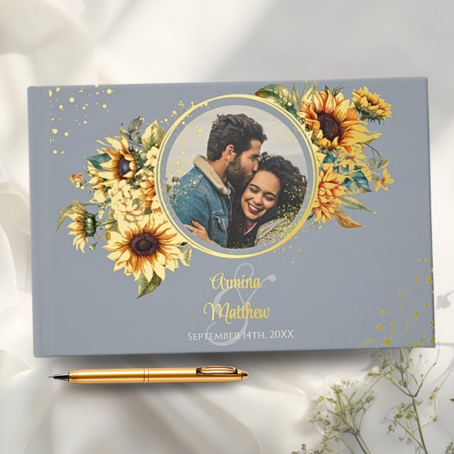 Elegant Dusty Blue Sunflower Photo Wedding Guest Book (Creator Uploaded)