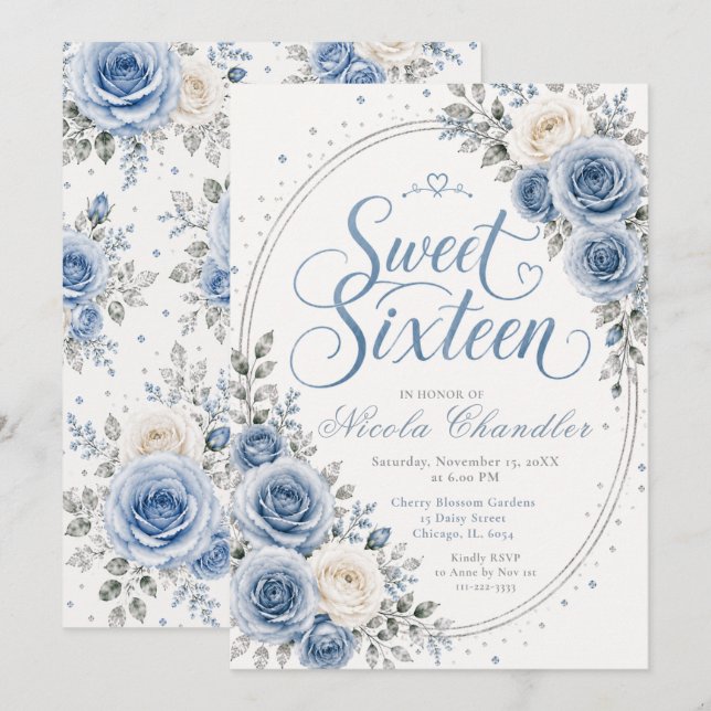 Elegant Dusty Blue Sweet 16 Invitation (Front/Back)