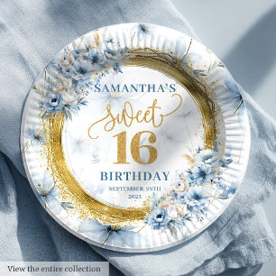 Elegant Dusty Blue Sweet Sixteen Gold Glitter  Paper Plate