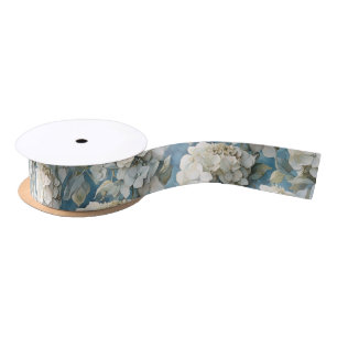 Elegant dusty blue teal ivory floral hydrangeas satin ribbon