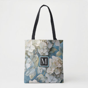 Elegant dusty blue teal ivory floral hydrangeas tote bag