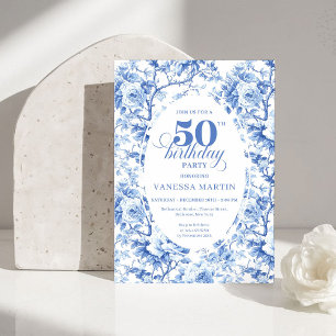 Elegant Dusty Blue Toile de Jouy 50th Birthday Invitation