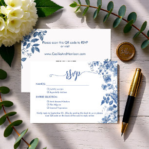 Elegant Dusty Blue Toile Floral  QR Code Wedding RSVP Card