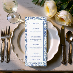 Elegant Dusty Blue Toile Floral Wedding Reception Menu
