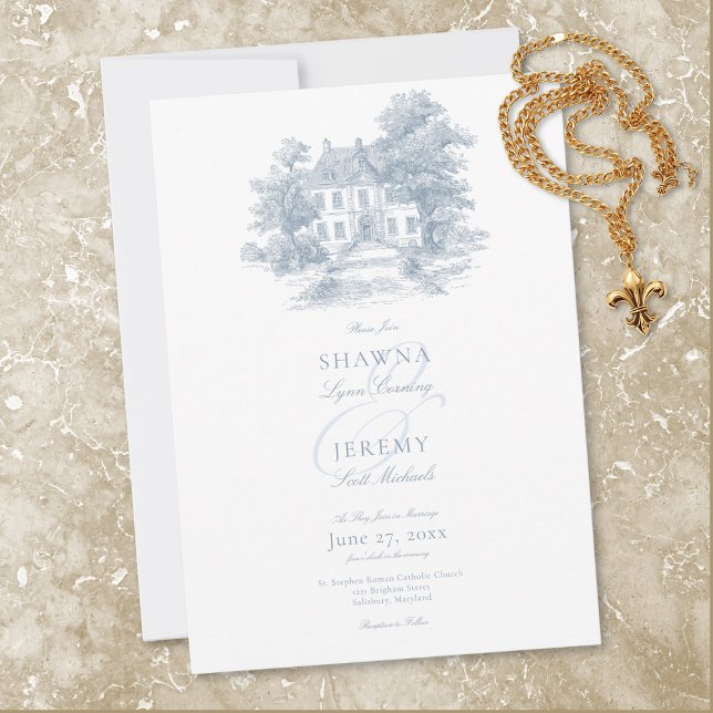 Elegant Dusty Blue Toile French Manor Wedding Invitation (Elegant Dusty Blue Toile French Manor Wedding Invitation)