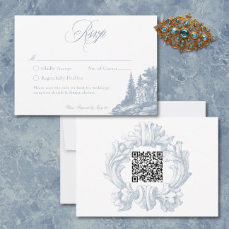 Elegant Dusty Blue Toile French Manor Wedding QR RSVP Card