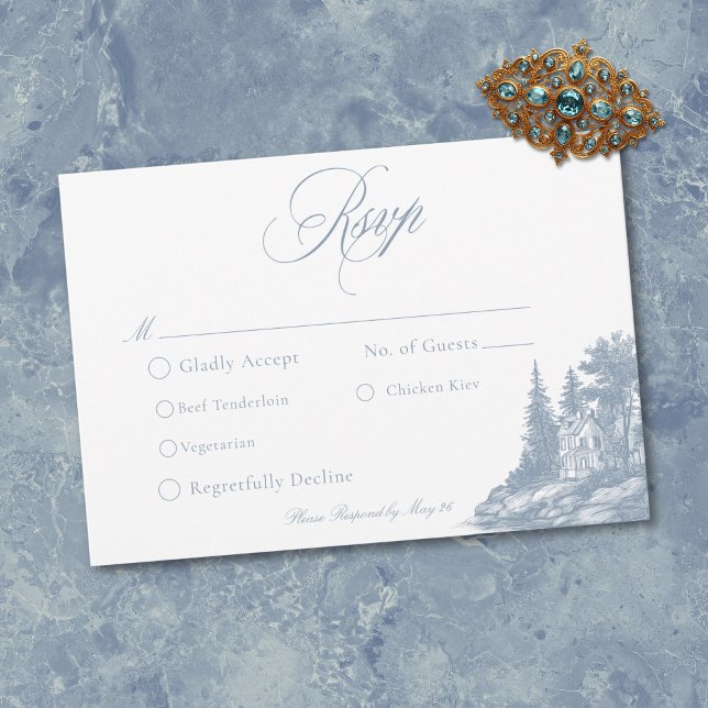 Elegant Dusty Blue Toile French Manor Wedding RSVP Card (Elegant Dusty Blue Toile French Manor Wedding RSVP Card)