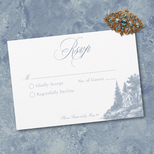 Elegant Dusty Blue Toile French Manor Wedding RSVP Card (Elegant Dusty Blue Toile French Manor Wedding QR RSVP Card)