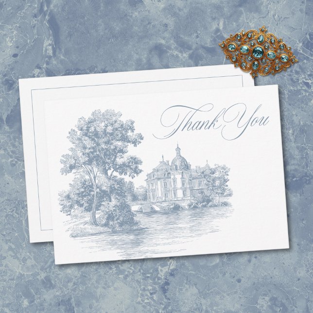 Elegant Dusty Blue Toile French Manor Wedding Thank You Card (Elegant Dusty Blue Toile French Manor Wedding Thank You Card)