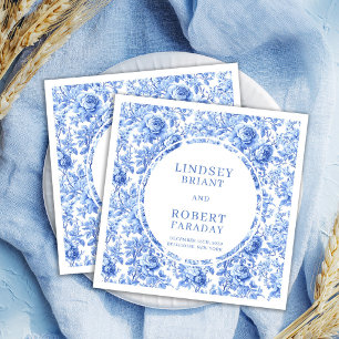 Elegant Dusty Blue Toile Roses Wedding Napkins Set