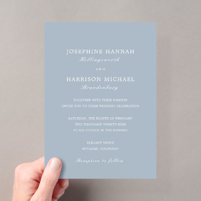 Elegant Dusty Blue Traditional Wedding Acrylic Invitations (Insitu (Handheld))