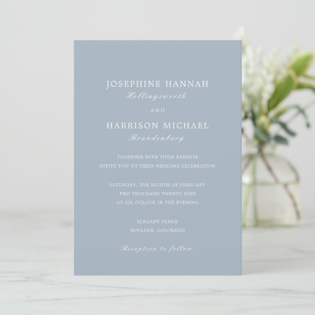 Elegant Dusty Blue Traditional Wedding Invitation (Standing Front)