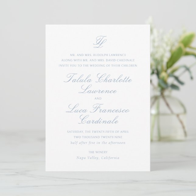 Elegant Dusty Blue Traditional Wedding Invitation (Standing Front)